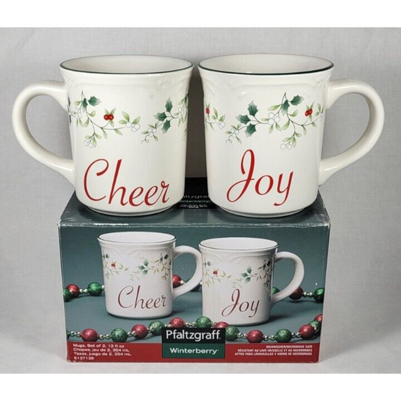 2 Pfaltzgraff Winterberry Coffee Mugs Christmas Cheer Joy Stoneware 12 Oz NEW - Picture 1 of 11